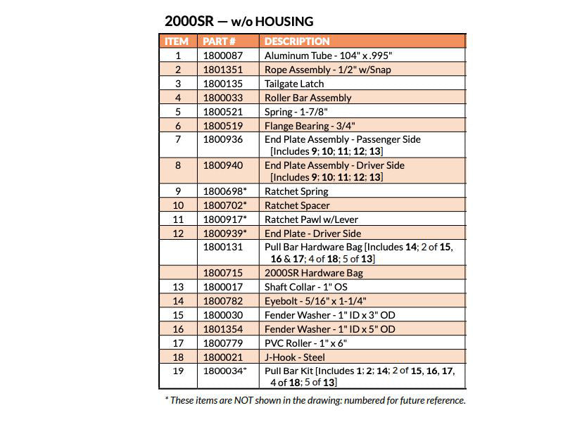 2000SR Pull-Style Tarp System 1800502 parts list without housing | Donovan Tarps