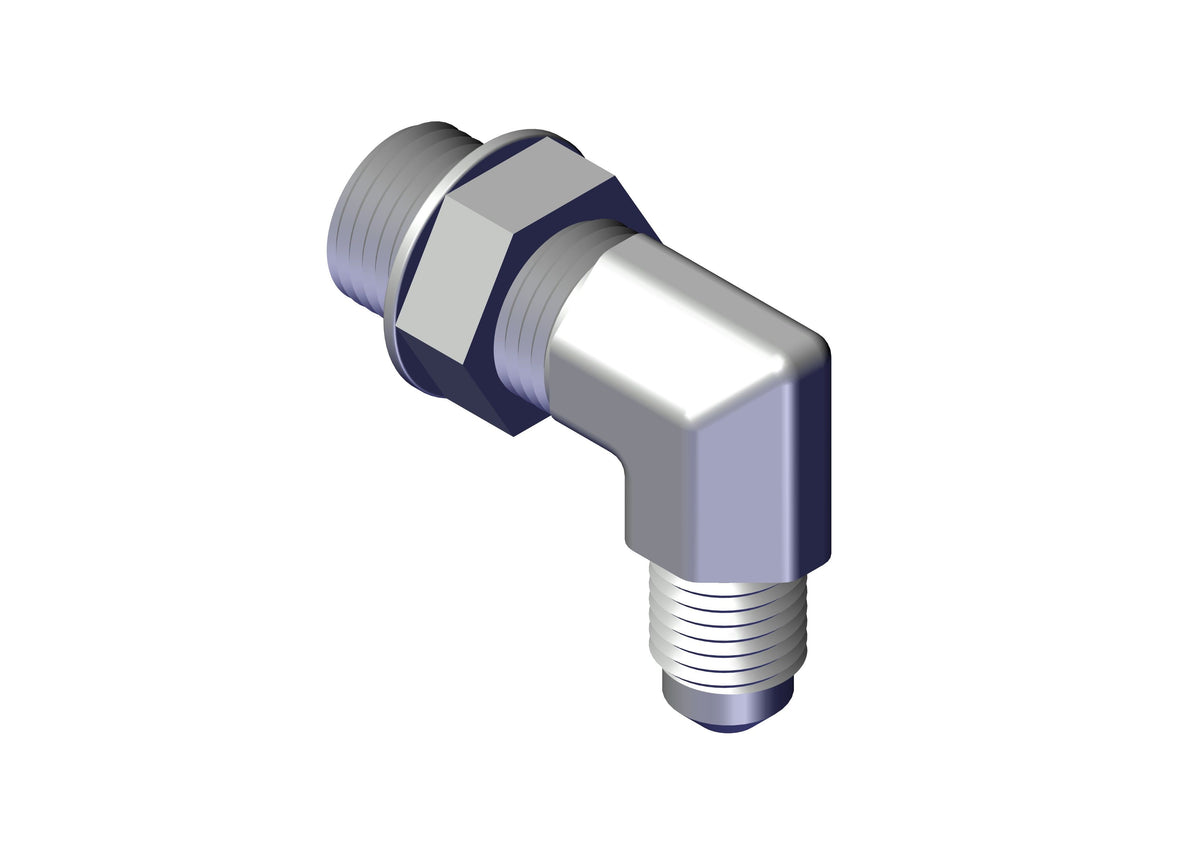Adapter. 90 #4 Male Tube to #6 Adj. Male O-ring 39098 | Roll-Rite | American Tarping