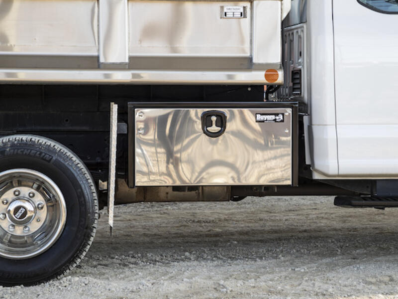Truck Tool Box, Underbody Black Steel w/ Stainless Door Truck Close | Buyers Products | American Tarping