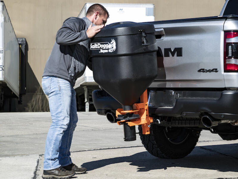 SaltDogg® 4.4 Cubic Foot Tailgate Spreader TGSUVPROA Gate Up | Buyers Products | American Tarping