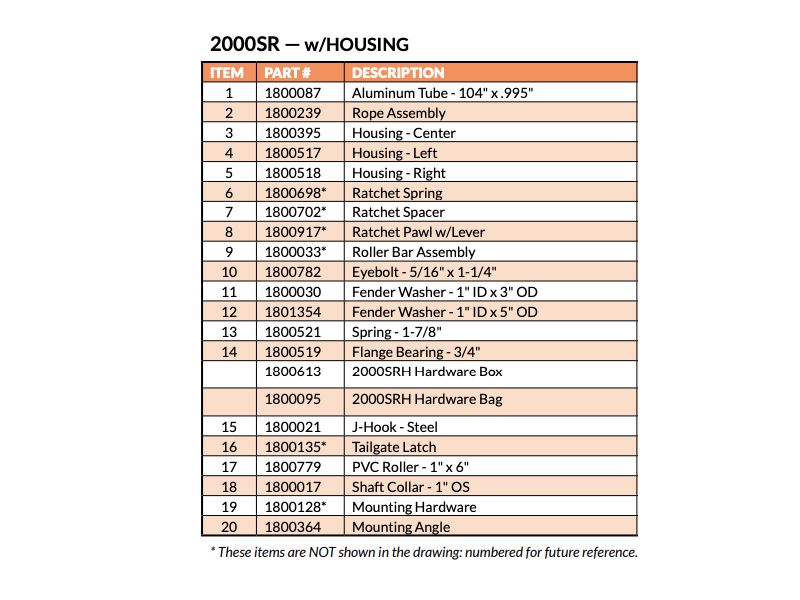 2000SR Pull-Style Tarp System 1800502 parts list with housing | Donovan Tarps